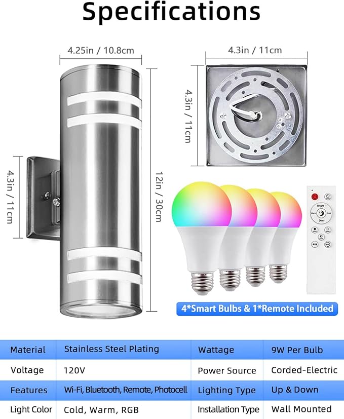 Smart Stainless Steel Outdoor Wall Light 2 Pack, WiFi RGB Up and Down Sconce with Dusk to Dawn Sensor, Color Changing Exterior Lighting Fixtures, Compatible with Alexa & Google, Remote Included