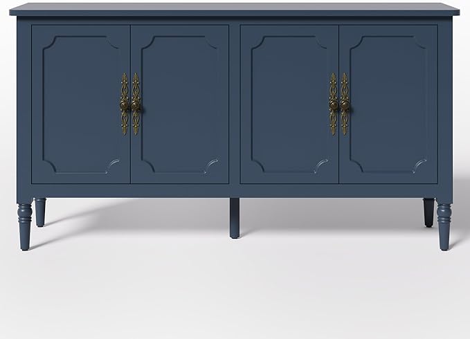 Console Table, 58'' Mid Century Modern Pantry Cabinet, Wood Buffet Sideboard, Media Credenza with 4 Doors, Accent Storage for Entryway, Living Room, Bedroom, Dining Room(Coastal Blue-1)
