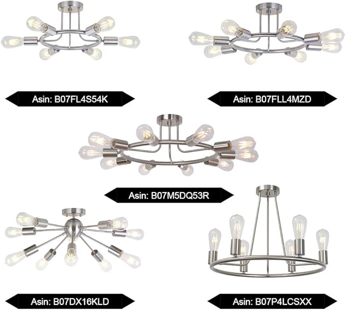 BONLICHT Round Rustic Chandelier 10-Light Brushed Nickel Modern Semi Flush Mount Ceiling Light Industrial Vintage Sputnik Chandelier Light Fixture for Living Room Dining Room Bed Room Kitchen Hallway