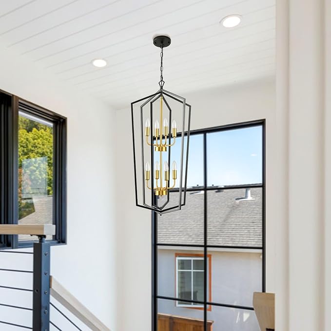WJShome 8-Light Lantern Tiered Pendant Light Fixtures, Black and Gold Farmhouse Chandelier, Foyer Chandeliers for High Ceilings, for Dining Room, Living Room, Entryway, Staircase