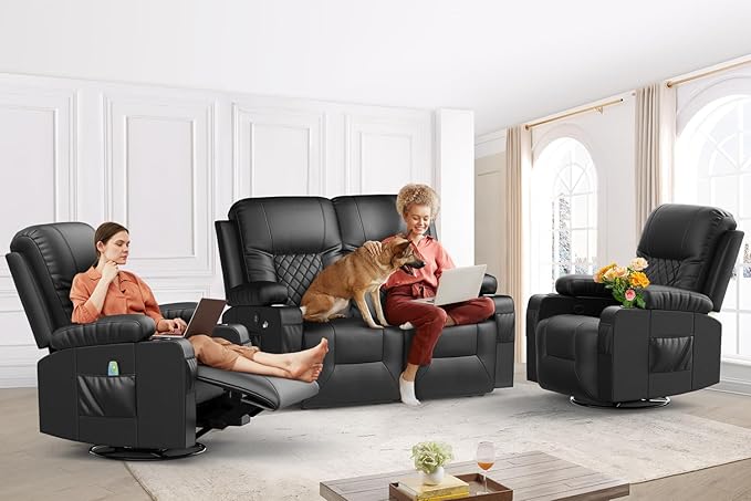 FURNIMAT Loveseat Recliner Sofa Set with 2+1+1 Pieces in Living Room, 2 Seater Reclining Loveseat Leather, 2 Recliner Chairs with 360 Degree Swivel Single Sofa Seat