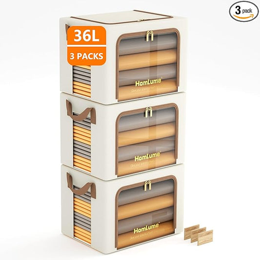 3 Pack Linen Fabric Clothes Storage Bins Collapsible Storage Bins and Storage Boxes for Clothes with Metal Supports (Beige, 36L)