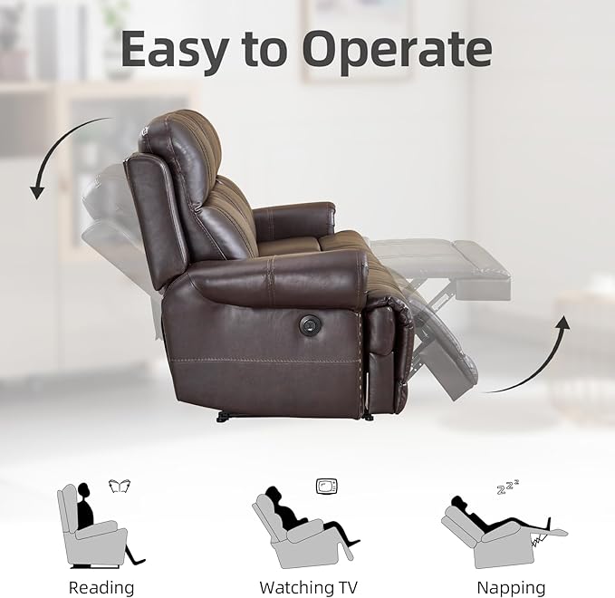 EBELLO Faux Leather Electric Reclining 3 Seat Sofa, Power Recliner Three Seats Sofa Couch with USB and Type-C Charging Ports, Vintage Rivet Design for Small Living Room, Bedroom, Meeting Room, Brown