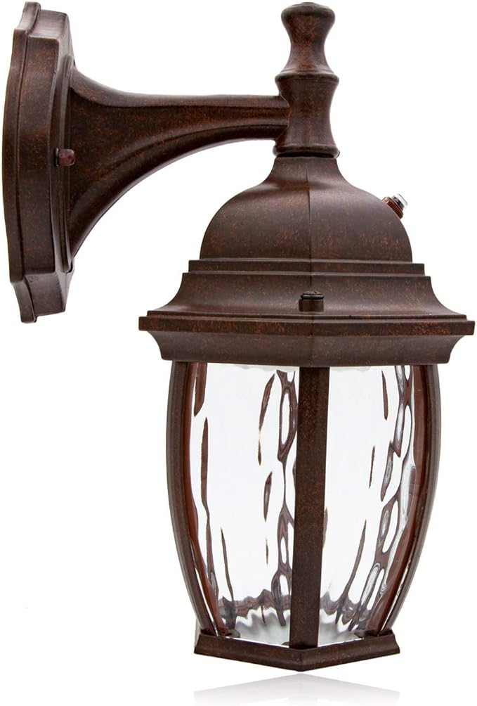 Maxxima LED Outdoor Wall Light - Features Clear Water Glass, 3000K Warm White, 580 Lumens, Dusk to Dawn Photocell Light Sensor, Patio or Porch Sconce Fixture, Ideal for Exterior Decor Lighting - Brown