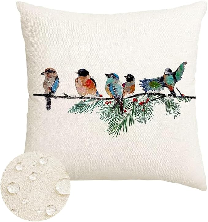 RABUSOFA Christmas Outdoor Pillow Covers Waterproof 18x18 Inch Birds Christmas Decorations Winter Throw Pillow Cases Xmas Birds Decor Decorative Pillows for Couch Holiday Teal