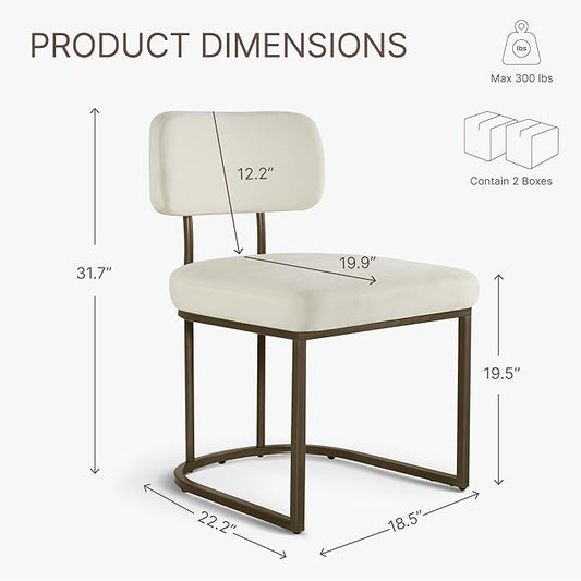 Dining Chairs Set of 4, Upholstered Modern Kitchen Chairs with Ergonomic Backrest, Fabric Cushion & Wire Drawing Curve Metal Legs for Living Room, Restaurant, Café, Ivory, 2Boxs