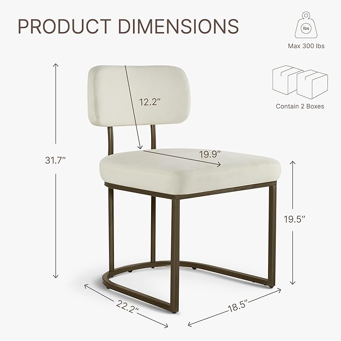 Dining Chairs Set of 6, Upholstered Modern Kitchen Chairs with Ergonomic Backrest, Fabric Cushion Seat & Wire Drawing Metal Legs for Living Room, Restaurant, and Café, White, 2Boxs