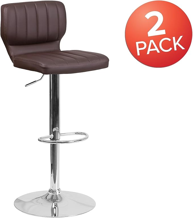 Flash Furniture Samantha Contemporary Brown Vinyl Adjustable Height Barstool with Vertical Stitch Back and Chrome Base (Pack of 2)