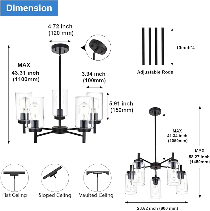 5-Light Contemporary Black Chandelier, Modern Industrial Dining Room Light Fixtures Over Table, Ceiling Hanging Kitchen Island Pendant Lighting Fixtures w/Clear Glass Shade for Entryway Foyer