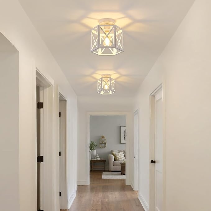 2 Pack White Semi Flush Mount Ceiling Light, Modern Hallway Light Fixture, Vintage Metal Hexagonal Ceiling Lamp for Kitchen Entryway Porch