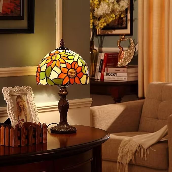 Tiffany Table Lamp,3 Color-Temperature Sunflower Stained Glass Lamp,8X8X15 Inch Small Accent Antique Nightstand Bedside Table Lamps for Bedroom Living Room Home Office Light +LED Bulb