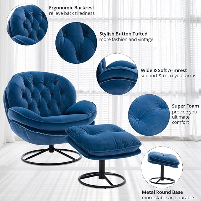 Velvet Swivel Accent Chair with Ottoman Set, Modern Lounge Chair with Metal Base Frame & Footrest, Comfortable Single Leisure Sofa Chair Reading Chair with 360 Degree Swiveling for Living Room, Blue
