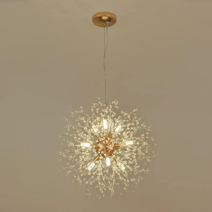 CM MZY Modern Crystal Chandeliers Firework, 9-Light Gold Dandelion Sputnik Ceiling Light Fixtures, Sputnik Chandelier Pendant Light for Bedroom Living Room Dining Room Kitchen Island Hallway