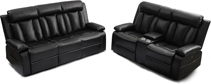 Power Reclining Sofa and Loveseat Set, Leather Electric Recliner Sofa Set with USB & Type-C Ports, Storage Armrest and Lumbar Pillow,Wall Hugger Couches for Living Room RV