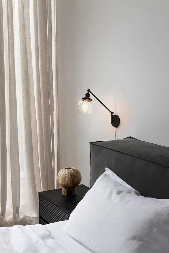 PERMO Industrial Wall Sconce Plug in Sconce Swing Arm Wall Light Fixture with 5.9" Glass Globe Shade for Bedroom, Living Room Office (Matte Black)