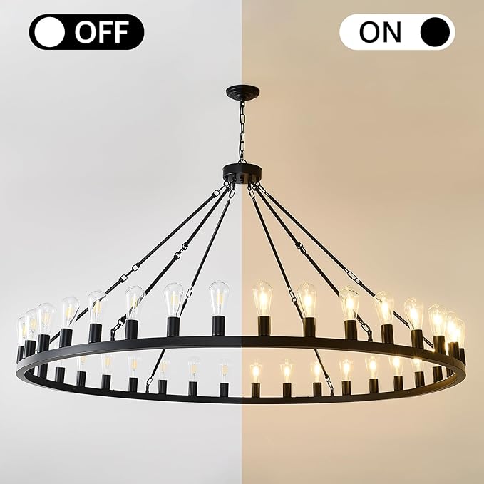 NILSE 64" Extra Large Black Farmhouse Chandelier, 36-Light Modern Wagon Wheel Chandelier for Foyer, Round Rustic Hanging Lighting for Living Room Dining Room Foyer Entryway, E26