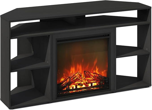 Furinno Jensen Fireplace TV Stand, NO Heat Decorative Electric Fireplace Corner TV Stand for TV up to 55 Inch, with 6 Open Shelves, for Living Room, Americano