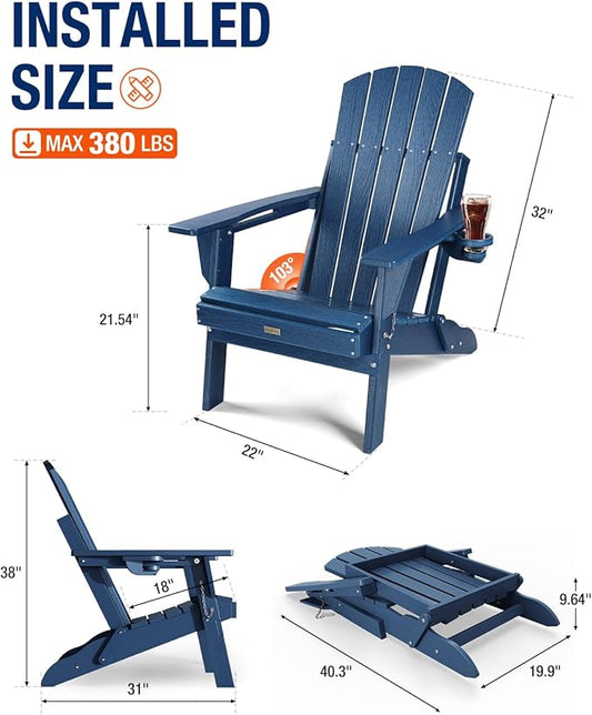 Adirondack Chair with Cup Holder: Folding Adirondack Chairs Plastic HDPE Material Furniture - Composite Fire Pit Chairs Foldable for Outdoor/Backyard/Garden/Lawn/Deck/Porch/Patio