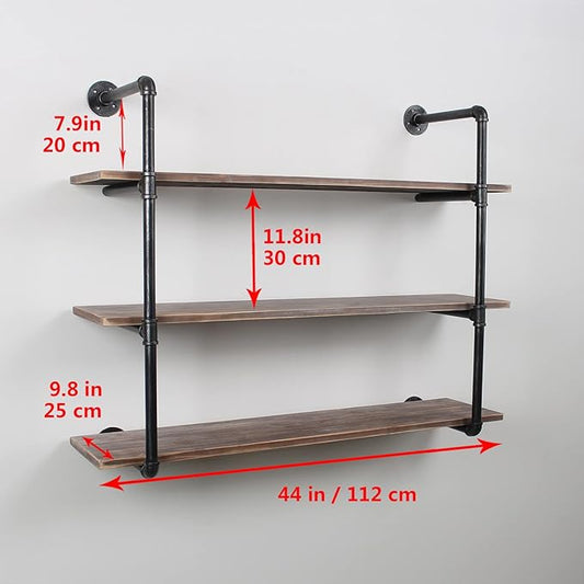 MBQQ Industrial Pipe Shelving Wall Mounted,44in Rustic Metal Floating Shelves,Steampunk Real Wood Book Shelves,Wall Shelf Unit Bookshelf Hanging Wall Shelves,Farmhouse Kitchen Bar Shelving(3 Tier)