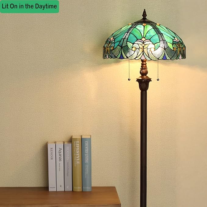 Tiffany Floor Lamp,Stained Glass Lamp Shade,Vintage Antique Style Standing Double Light for Living Room & Bedroom