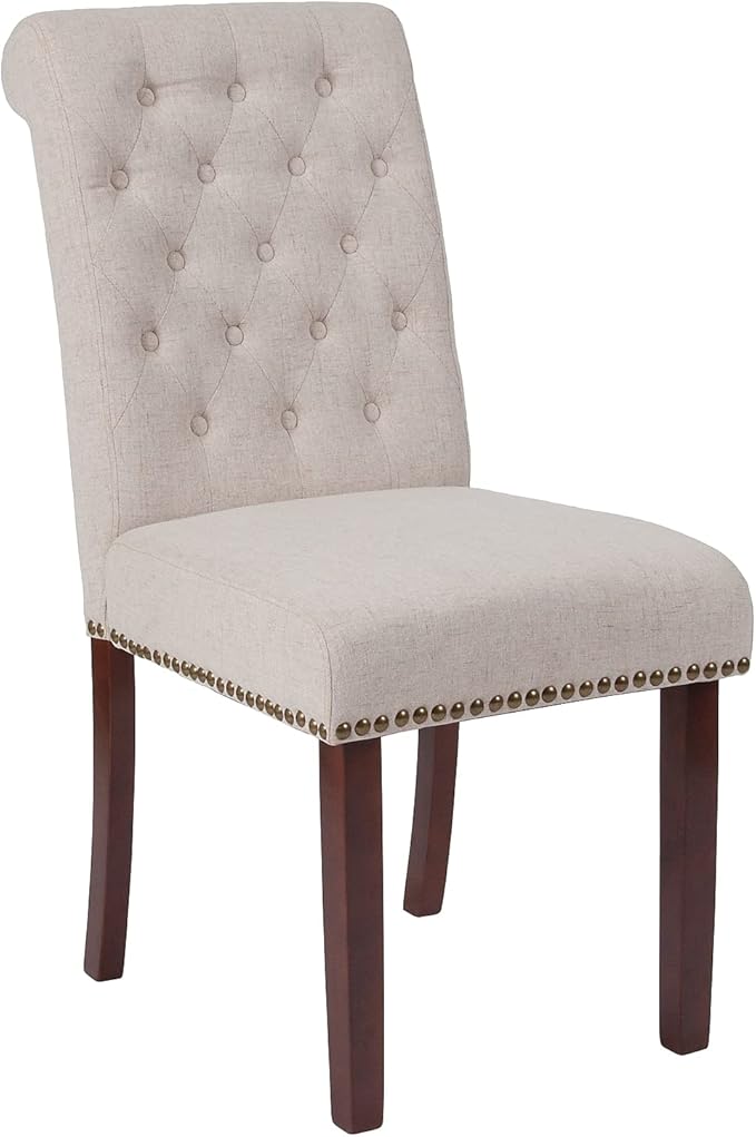 Flash Furniture Set of 2 HERCULES Series Beige Fabric Parsons Chair with Rolled Back, Accent Nail Trim and Walnut Finish
