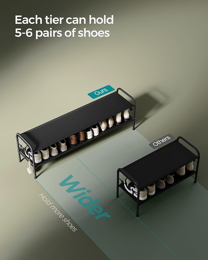 SONGMICS Shoe Rack, 2-Tier Shoe Organizer, Fabric Shoe Shelf Storage with 4 Hooks, Holds up to 12 Pairs of Shoes, Height-Adjustable Shoe Rack for Entryway, Hallway, Closet, Easy Assembly, Ink Black
