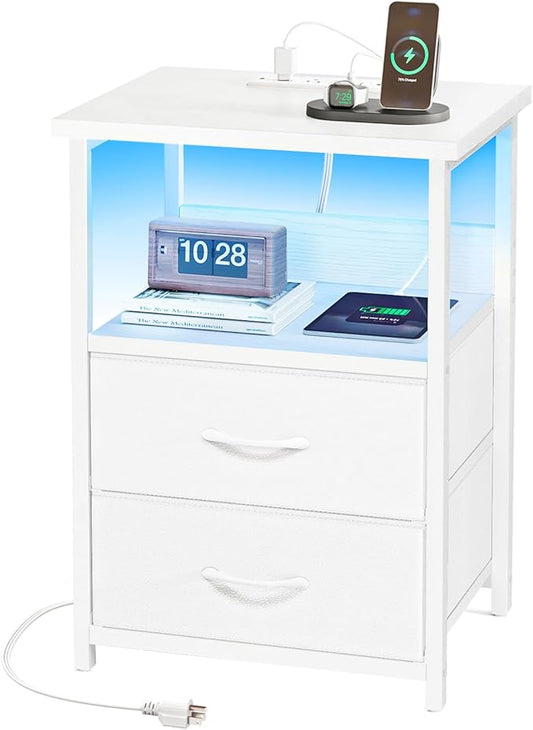 Fixwal Night Stand with Charging Station, LED Nightstand with U-S-B Ports and Outlets, 2 Fabric Storage Drawers with PU Finish, Bed Side Table, White