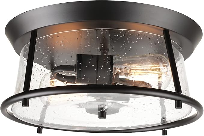 Globe Electric 60347 2-Light Flush Mount Ceiling Light, Bulbs Included, Dark Bronze, Seeded Glass Shade, Bedroom Lighting Fixtures Ceiling, Dining Room Fixture, Lighting for Hallway