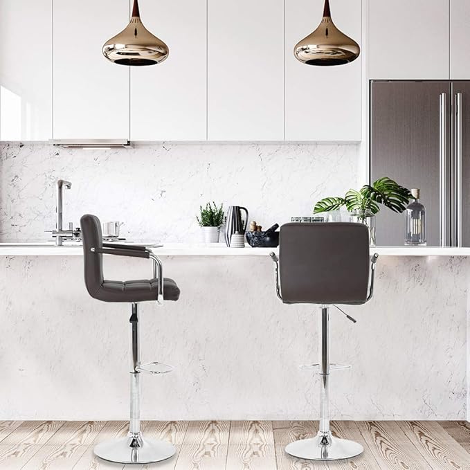 BestOffice Modern Bar Stool Set of 2 Barstools Armrest Height Adjustable Counter Stools Bar Chairs Swivel Bar Stool PU Leather Hydraulic Dining Room Chairs Home Kitchen Stools (Brown)
