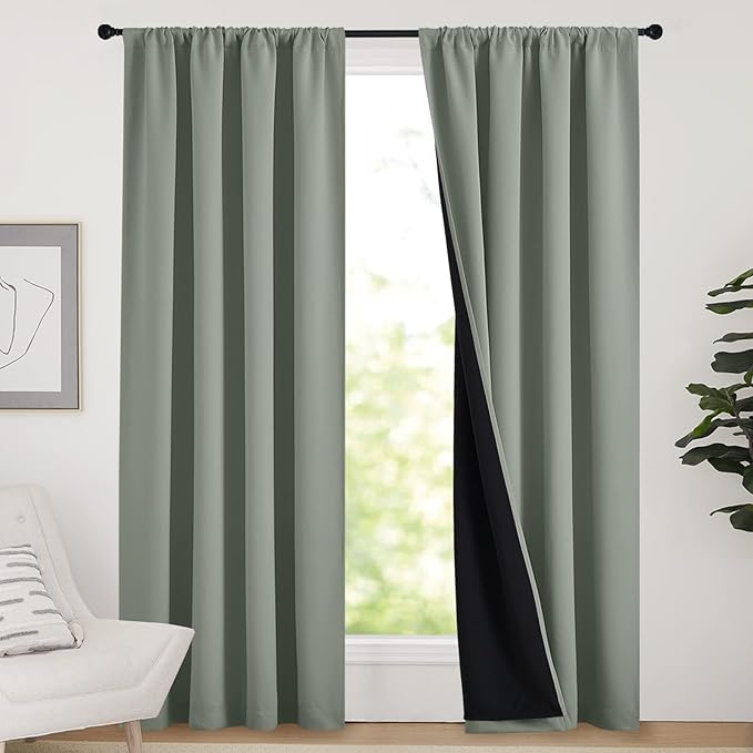 NICETOWN 100% Blackout Curtains 84 inches Long, Thermal Insulated & Noise Blocking Out Drapes for Baby Room Window, Guest Room Lined Window Dressing(Greyish Green, 52 inches Wide, 2 Panels)