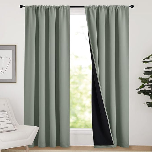 NICETOWN 100% Blackout Curtains 84 inches Long, Thermal Insulated & Noise Blocking Out Drapes for Baby Room Window, Guest Room Lined Window Dressing(Greyish Green, 52 inches Wide, 2 Panels)