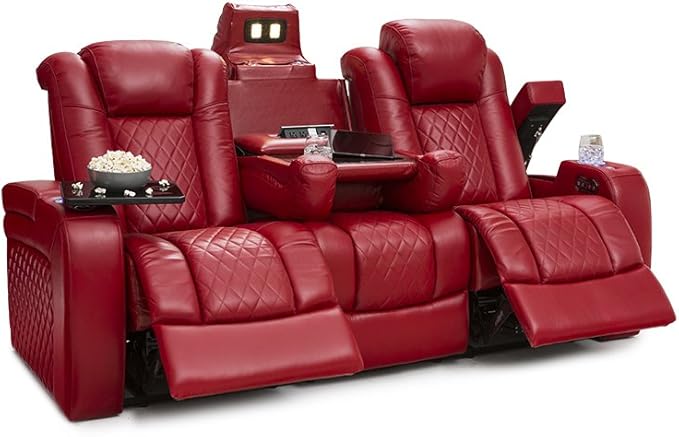 Seatcraft Anthem Home Theater Seating - Italian Leather - Power Recline Sofa - Fold-Down Table - Powered Headrests - Arm Storage - USB Charging - Cup Holders, Red