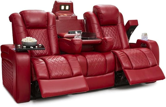 Seatcraft Anthem Home Theater Seating - Italian Leather - Power Recline Sofa - Fold-Down Table - Powered Headrests - Arm Storage - USB Charging - Cup Holders, Red