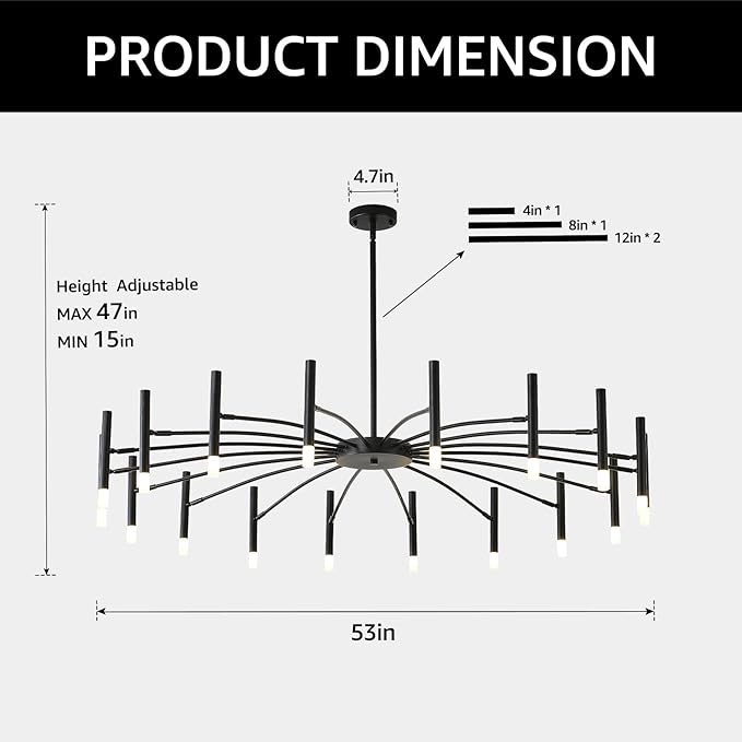 NILSE LED 18-Light Black Modern Sputnik Chandelier with G9 Bulbs, 53 Inch Large Mid Century Light Fixture Dimmable Lighting for Dining Room Foyer Farmhouse Bedroom Living Room