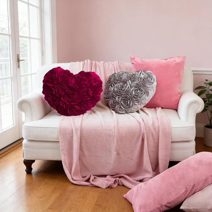 JWH Heart Flower Throw Pillow Covers Decorative Floral Shaped Accent Cushion Soft Pillowcase for Sofa Couch Living Room Bed Chair 14x16 Inches Gray
