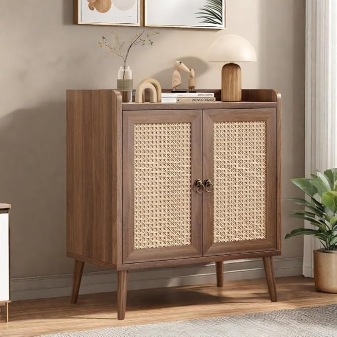 FONTOI Buffet Cabinet, Rattan Storage Cabinet with Round Pull Rings, Sideboard with Ample Storage, Bar Liquor Shelf with 2 Doors for Living Room, Hallway, Light Brown