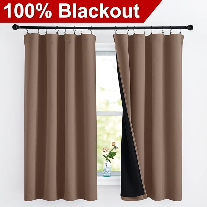 NICETOWN Total Blackout Panels for Nursery, Super Soft, Heavy Duty and Thick Window Treatment Curtains 63 inches Long with Black Lined for Basement (1 Pair, Cappuccino, 52 inches Wide Each Panel)