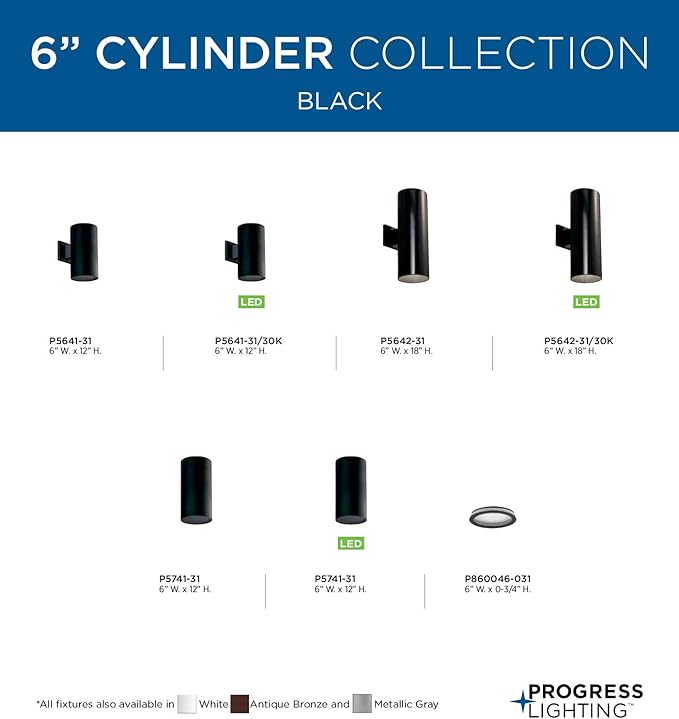 Progress Lighting 6-in Cylinder Outdoor Ceiling Light, 1-Light Modern Flush Mount, Interior and Exterior, Home or Porch, Aluminum, 6" W x 12". H, Black, P5741-31