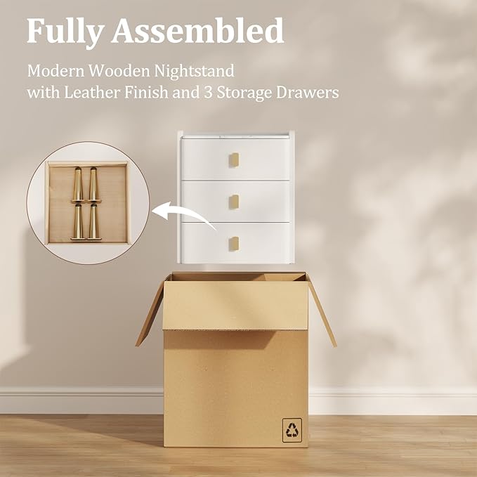 AQIMUELE Narrow Nightstand with Drawers, Narrow Side Table Leather, Small Bedside Tables for Bedroom. (White)