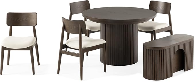 Transformer Table - Solid Wood Extendable Round Dining Table Set with Bench and 4 Chairs, Seats 4-10, Extendable Round Dining Set, Dark Brown (Table + Bench + 4 Chairs)