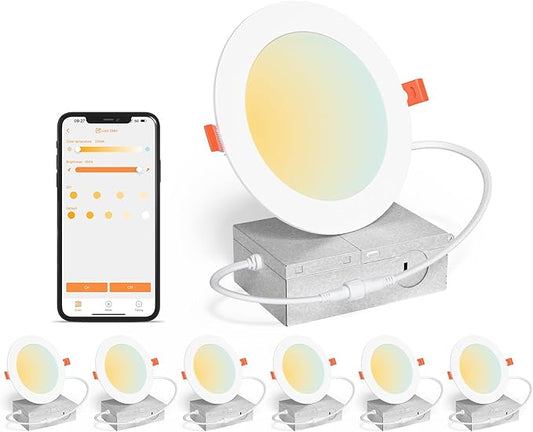 Smart Recessed Lighting 4 Inch Canless LED Recessed Ceiling Light with Junction Box work with Alexa, 2700K~6000K 5CCT Selectable,12W 1000LM High Brightness Wafer Downlight Dimming by Bluetooth-6Pack