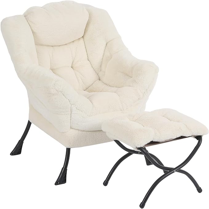 Lazy Chair with Ottoman, Modern Chair with Folding Footrest, Plush Beige Accent Chair, Comfortable Reading Chair, Oversized Armchairs for Bedroom, Study, Living Room, Courtyard