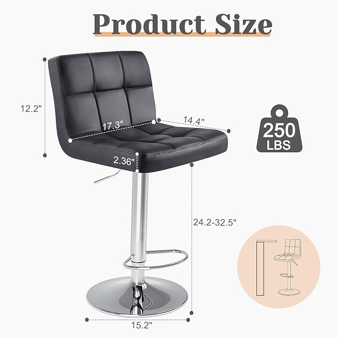 DUMOS Bar Stools Set of 2, Armless Adjustable Swivel Barstools, PU Leather Hydraulic Kitchen Counter Height Bar Stools, Thickened Seat Cushion Square Island Barstools with Back, Black
