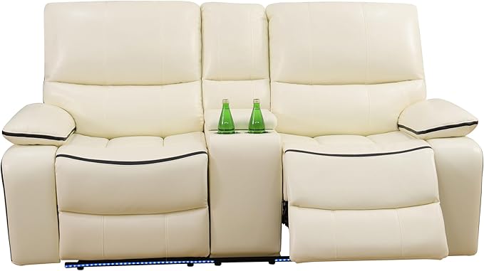 Power Reclining Loveseat for Living Room, Air Leather Recliner Couch with Storage Console, Cup Holders, LED Lighting&USB Charging Port for Home Theater RV (Off White)