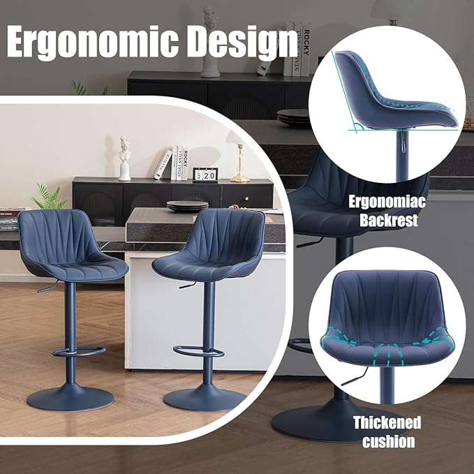 Kidol & Shellder Bar Stools Set of 2 Blue Adjustable Swivel Counter Height Barstools Upholstered Modern PU Leather Bar Chairs Stools for Kitchen Island