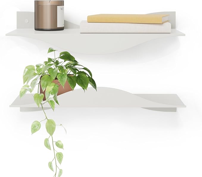 Umbra Surf Shelf Set of 2 – Sand Metal Floating Shelves for Wall Storage & Décor, Modern Wave Design, 100% Steel, Holds 15 lbs. Each, Easy Installation Shelving for Bedroom, Living Room & Office