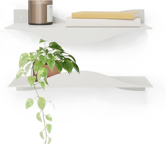 Umbra Surf Shelf Set of 2 – Sand Metal Floating Shelves for Wall Storage & Décor, Modern Wave Design, 100% Steel, Holds 15 lbs. Each, Easy Installation Shelving for Bedroom, Living Room & Office