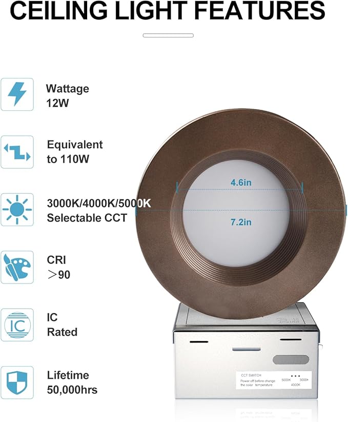 Lightdot 6 Inch Recessed Lighting 12 Pack Brown, 12W Dimmable LED Downlight 3CCT Selectable (3000K/4000K/5000K), Anti-Glare Slim Canless Ceiling Light