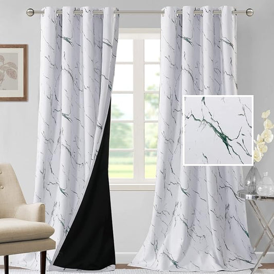 H.VERSAILTEX 100% Blackout Curtains 96 inch Length 2 Panels Set Marble Designs Printed Drapes Thermal Curtains for Bedroom with Black Liner Sound Proof Curtains, Antique Green