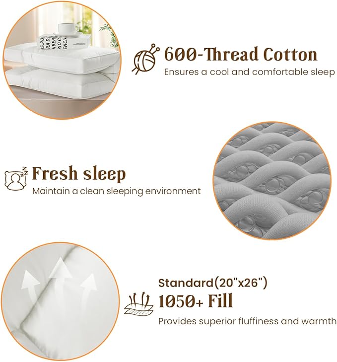 Goose Down Pillow Standard Size Set of 2, Cervical Support for Neck Pain Relief, 1050+ Fill Power, 600 Thread Count Cotton Shell, for Side, Back, and Stomach Sleepers(White,Standard(Pack of 2))